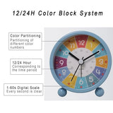 Cute Alarm Clock with Silent Clock Movement Color Coded Time Zones Digital Dial Metal Casing Hands for Teens Bedroom Bedside Kids 12/24 Hour Clock Battery Operated Pink