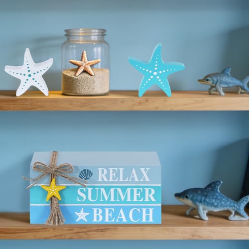 Beach Summer Table Decor, Starfish Wooden Stacked Books Sign for Ocean Tiered Tray Decorations, Coastal Nautical Shelf Table Centerpiece for Home, Room, Mantel, Tabletop, Farmhouse Gift