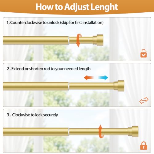 TONIAL Gold Curtain Rods No Drilling for Windows from 40 to 53 Inches, 5/8 Inch Curtain Rod 32 to 58 Inch with Adhesive Brackets without Drilling, Renter Apartment Friendly Adjustable Drapery Rods
