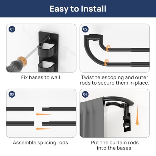 ENJOYBASICS Double Curtain Rod，Blackout Wrap-Around Curtain Rods for Windows 48 to 84 Inch，Adjustable from 32 to 86 Inch for Room Darkening Curtains, Matte Black
