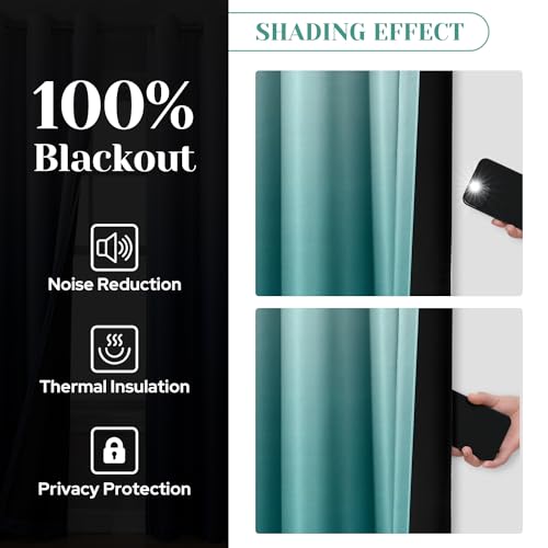 HOMEIDEAS Teal 100% Ombre Blackout Curtains for Bedroom, 52 X 84 Inches Long Room Darkening Gradient Light Blocking Thermal Insulated Grommet Drapes for Living Room, 2 Panels