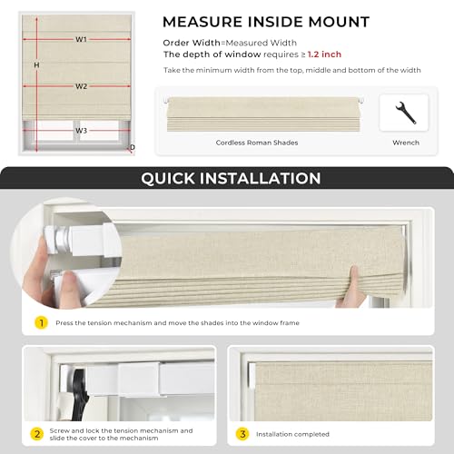 UNISHADES No Drill Cordless Roman Shades, 35×60 in, Beige | 100% Blackout Fabric, UV Protection, Protecting Privacy, room darkening