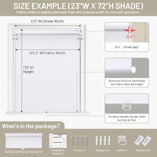 Sunoff Blackout Roller Shades Blinds Cordless for Windows Pull Down Room Darkening Door Blinds with Thermal Insulated Easy to Install for Living Room,Bedroom,Home,Office Bathroom White 23" W x 72" H