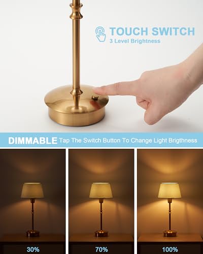 Cordless Lamp Rechargeable Table Lamps, 5000mAh Battery Operated Lights, 3 Level Brightness Dimmable, Portable Night Bedside Light for Patio, Restaurant, Dining, Fabric Shade, Antique Brass