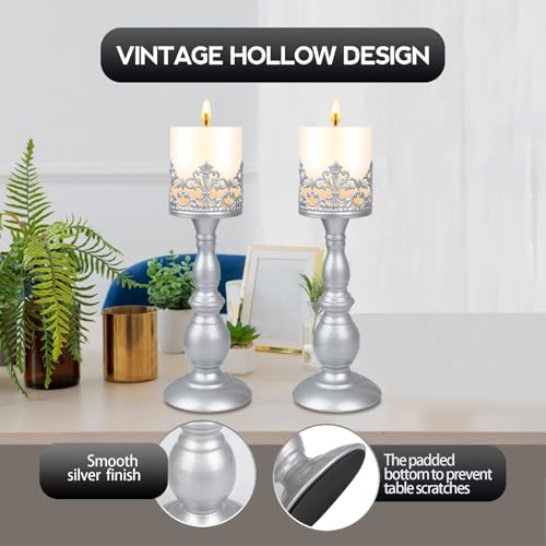 Candle Holders for Pillar Candles Gothic Matte Pearl Silver Tall Candle Holders Set of 2 Decorative Large Table Centerpieces Candle Stand Decor (Pearl Silver 2PCS A)