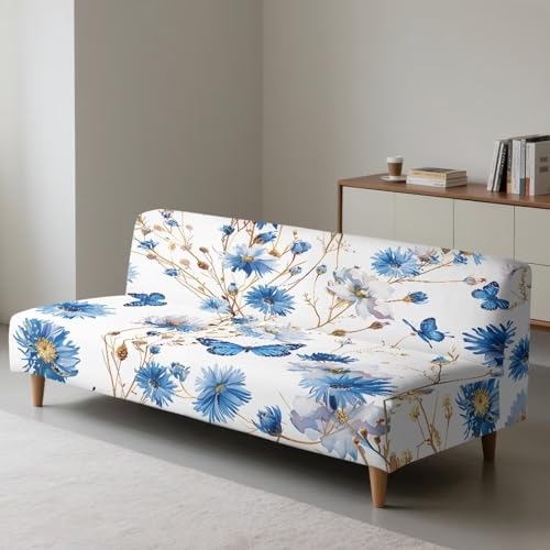 Stretch Futon Cover Without Arms Couch Sofa Bed Slipcover with Elastic Bottom Futon Couch Cover Non-Slip Furniture Protector for Living Room Decoration, Blue Floral Butterfly