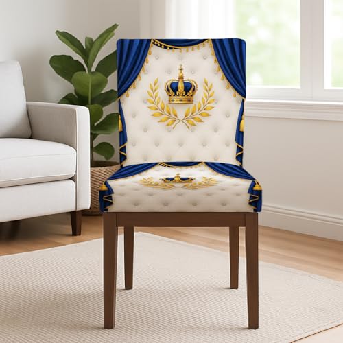 HOMETITUTE High Stretch Chair Covers for Dining Chairs Washable Dining Chair Covers Set of 4 Soft Kitchen Seat Cover Royal Blue Gold Crown for Home Hotel Restaurant Banquet