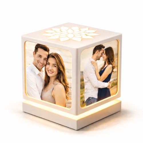 ZOCI VOCI Custom Rotating Picture Frame with Night Light, White | Personalized Table Lamp, 4 Photos, Anniversary Couples Gifts, Romantic Gifts