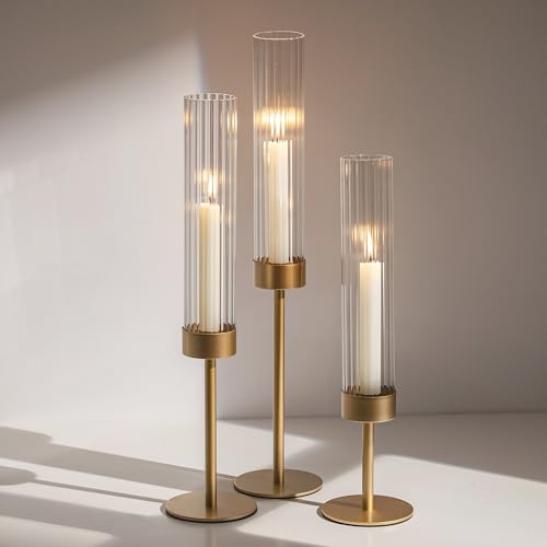 Gold Hurricane Taper Candle Holders: Glasseam 3Pcs Brass Candlestick Holders with Ribbed Glass Cylinder Cover Fluted Tall Candle Sticks Holder Decor for Table Centerpiece Wedding Christmas Decorations