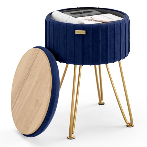 Round Ottoman with Storage, Pleated Velvet Storage Ottoman, Foot Stool Ottomans, Makeup Vanity Stool, Small Ottomans Foot Rest, Modern Vanity Stools for Living Room and Bedroom, Blue