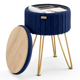 Round Ottoman with Storage, Pleated Velvet Storage Ottoman, Foot Stool Ottomans, Makeup Vanity Stool, Small Ottomans Foot Rest, Modern Vanity Stools for Living Room and Bedroom, Blue