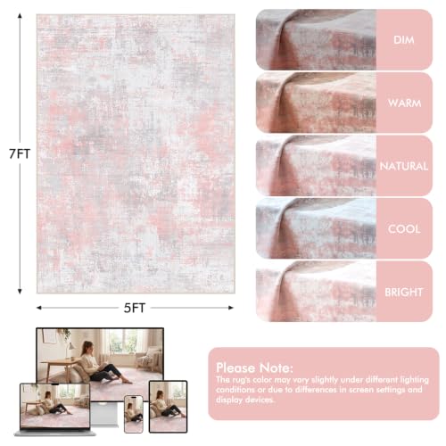 Fixwal Washable 5x7 Bedroom Area Rug, Non-Slip, Gray/Pink