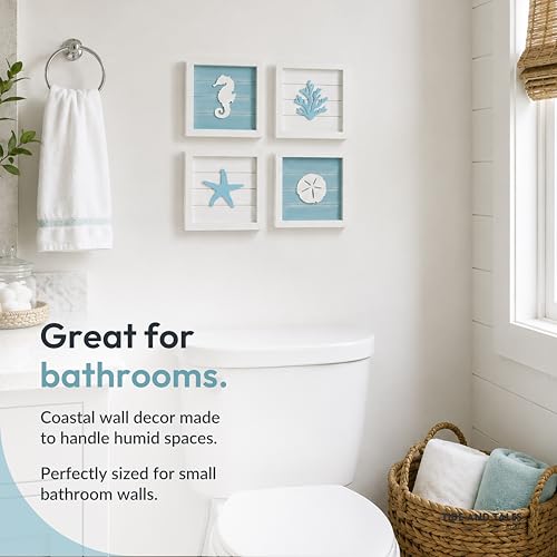 Tide and Tales Coastal Wall Art (Framed Set of 4) Beach Bathroom Wall Decor with Starfish, Seahorse, Sand Dollar and Coral - Ocean Theme Turquoise Room Decor - Seashell Beach Decorations for Home 7" x 7"