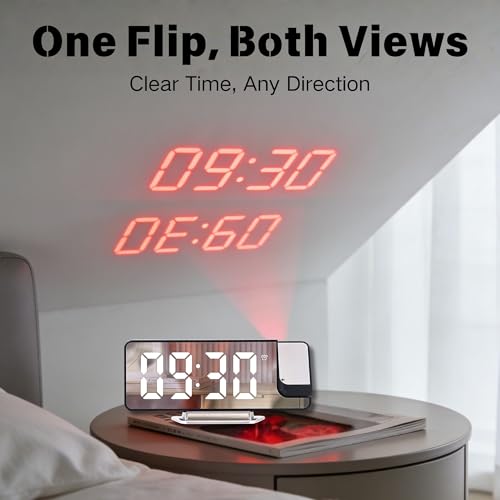 Alarm Clock with Projection on Ceiling, Smart Digital Alarm, for Bedrooms, Classroom, Office, Large LED Display, 180° Rotatable Projector, 3-Level Dimmer, Loud Dual,12/24H, Temperature Display