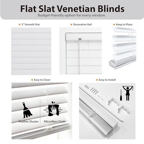 DEZ FURNISHINGS 2" Cordless Flat Slat Venetian Blind, 46" W x 48" H, White
