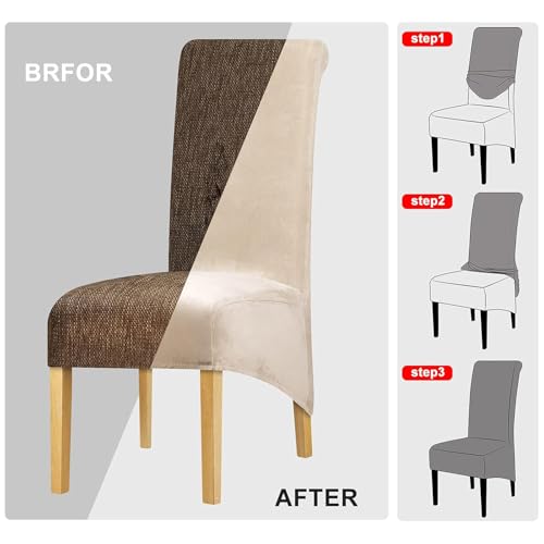 Lellen Stretch XL/Oversized Extra Large Velvet Dining Room Chair Covers for Kitchen Dining，Removable Washable Chair Protectors Slipcovers Large Velvet Dining Chair Covers（Cream，2PCS）