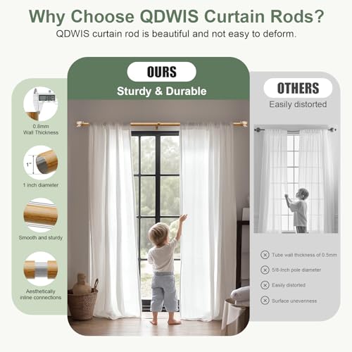QDWIS Natural Wood Curtain Rods for Windows 28 to 48 inch Boho Decorative Handmade Wood Grain Drapery Rods with Leaf Finial 1" Adjustable Heavy Duty Curtain rod for Living Room Bedroom Kitchen