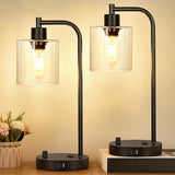 Set of 2 Industrial Table Lamps with USB C+A Ports and Outlet, Fully Stepless Dimmable Bedside Lamps for Bedrooms, Nightstand Lamp with Seed Glass Shade for Reading Living Room Office (Bulbs Included)