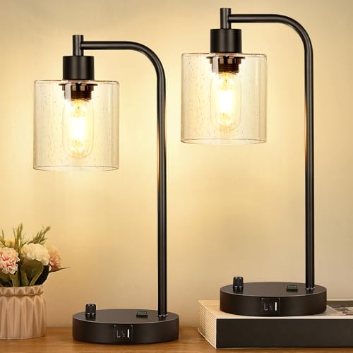 Set of 2 Industrial Table Lamps with USB C+A Ports and Outlet, Fully Stepless Dimmable Bedside Lamps for Bedrooms, Nightstand Lamp with Seed Glass Shade for Reading Living Room Office (Bulbs Included)