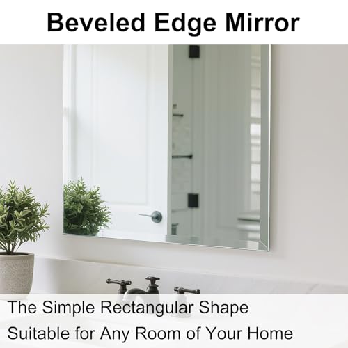 Frameless Bathroom Mirror for Wall, Rectangle Beveled Edge Mirror for Over Sink, Tempered Glass, Shatterproof, Hangs Horizontally or Vertically for Living Room, Entryway, Restroom, 24" x 16"