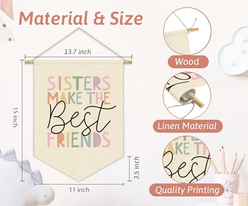 Girls Room Wall Art Decor,Cute Toddler Girl Room Pink Nursery Bedroom Playroom Canvas Banner Decorations,Sisters Make The Best Friends Wall Hanging Pennant Flag Banner for Teen Little Girls
