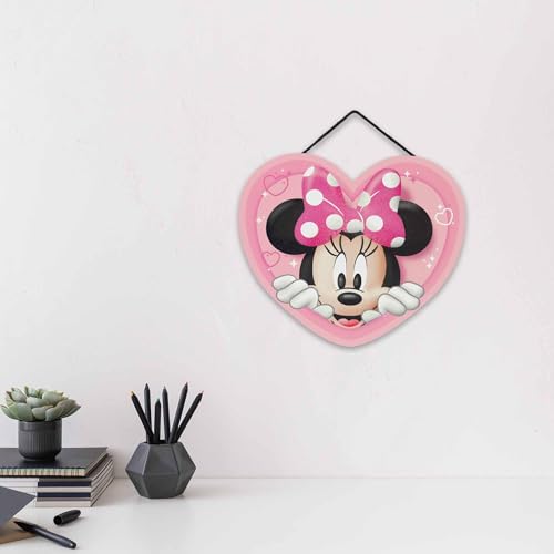 Open Road Brands Disney Minnie Mouse Heart Hanging Wood Sign - Cute Pink Minnie Mouse Decor for Kids' Bedroom or Nursery
