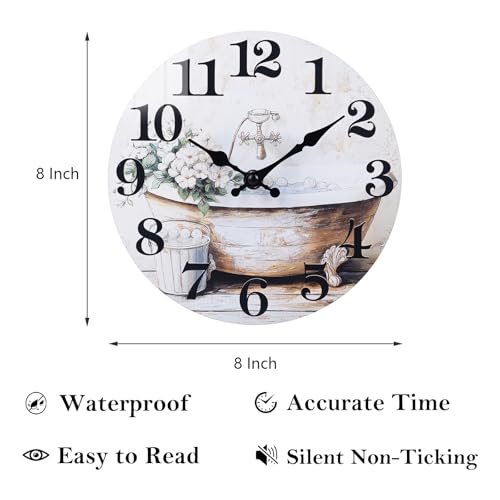 Bathroom Wall Clock Rustic Style Waterproof Glass Wall Clocks for Bathroom, Shower Wall Decor (8 Inch, Brown)