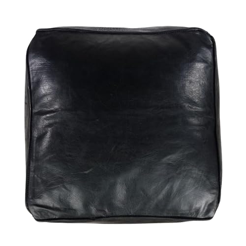 Handmade Moroccan Square Leather Pouf – Delivered Unstuffed – Ottoman, Footstool, Footrest, Hassock, Floor Cushion – Versatile Artisan Accent (Oiled Black)