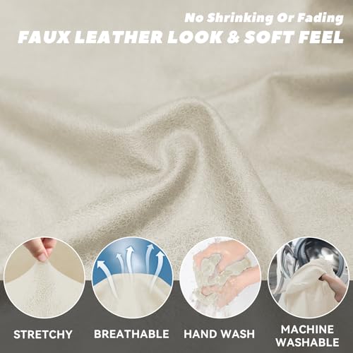 Loveseat Slipcover with Armrest Pockets 3-Piece Set, Stretch Faux Leather Love Seat Covers for 2-Cushion Couches(Fits 58-66") - Non-Slip, Machine Washable, Pet & Kid Friendly - Beige
