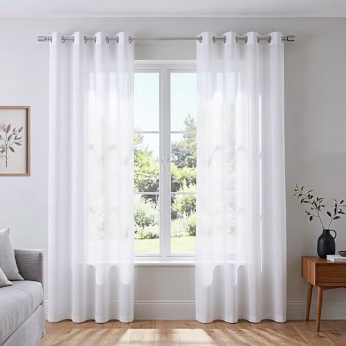 White Sheer Curtains 84 Inches Long Set 2 Panels Grommet Pair Faux Linen Semi Transparent Drape Tulle Gauze Voile Window Sheer Curtains for Bedroom Living Room Dining Wide 52 Length Solid Pack