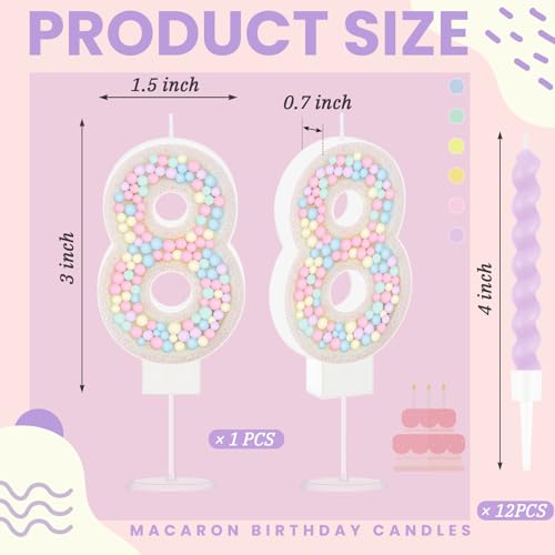 MTLEE Number 8 Birthday Candle with 12 Pcs Spiral Candles for Girls Macaron Pastel Rainbow Unicorn Pink Cake Topper for Sweet Theme Party Decoration