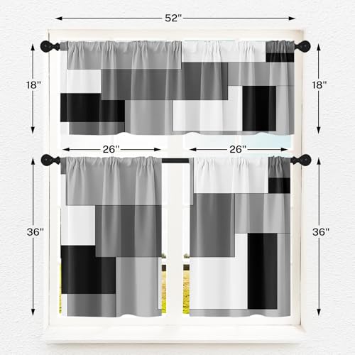 Black White Gray Kitchen Window Curtains Valance and Tier Set 36 Inch, Dark Grey Modern Geometric Rod Pocket Short Tier Curtain for Bathroom, Small Cafe Drapes for Kitchen Decor