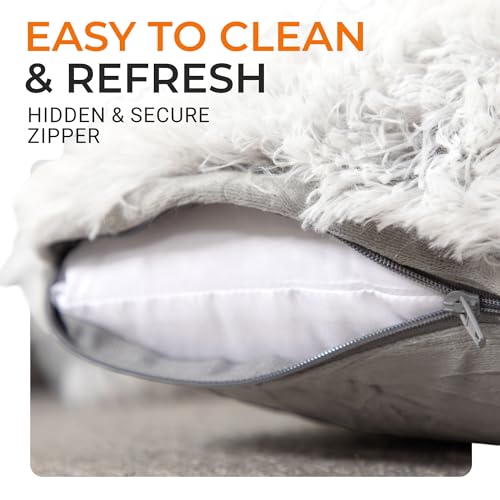 Cheer Collection Throw Pillows for Couch and Bed, Soft Shaggy Throw Pillows with Inserts Included, Cozy Long Hair Faux Fur Pillows - Set of 2-18" x 18" - Gray
