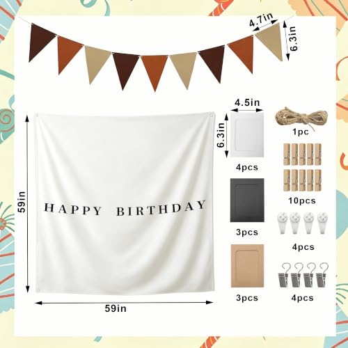 59x59 Inch Happy Birthday Tapestry Boho Minimalist Wall Banner with 10 Photo Frames White Fabric Wall Flag Indoor Outdoor Yard Birthday Party Decor
