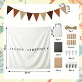 59x59 Inch Happy Birthday Tapestry Boho Minimalist Wall Banner with 10 Photo Frames White Fabric Wall Flag Indoor Outdoor Yard Birthday Party Decor
