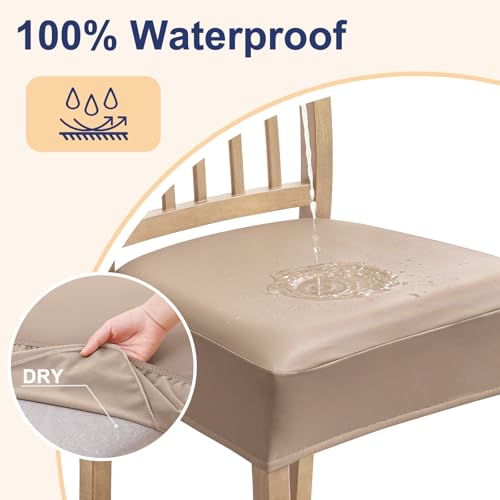 Smiry Waterproof Pu Leather Seat Covers for Dining Room Chairs Set of 4, Stretch Fit Removable Washable Kitchen Chair Seat Slipcovers Protector, No Rear Covers, Khaki