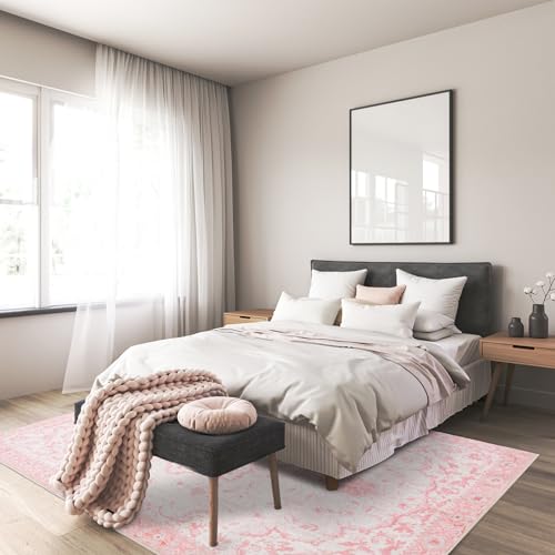 Sofrug Area Rug 5x7 - Vintage Floral Honeycomb Non Slip Backing Carpet - Pink Softer Thicker Faux Wool Rug - Foldable & Machine Washable Rugs for Living Room Bedroom Nursery Room Home Office