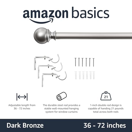 Amazon Basics Sturdy Adjustable Curtain Rod for Windows with Round Finials, Easy Installation, 1-Inch Rod, 36" to 72", Nickel, 1-Pack