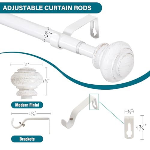Turquoize 2 Pack Adjustable Window Curtain Rods, 16.2 to 43.8 Inch, White with Classic Finials