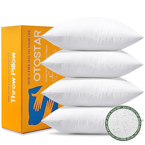 OTOSTAR 4 Pack Premium Waterproof Pillows Inserts, 16 x 16 Outdoor Decorative Throw Pillow Inserts Soft Fluffy Plump Cushion Inserts for Patio Garden Bench Farmhouse Sofa Couch Bed, White