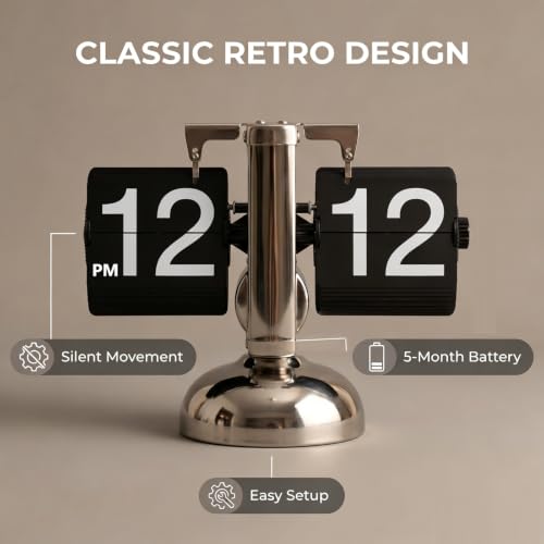 Retro Digital Flip Down Clock Gear Mechanism, Desk Clock Flipping Down Black Fashion for Office, Bedroom, Kitchen, School, Hotel, and Café Décor, AM PM