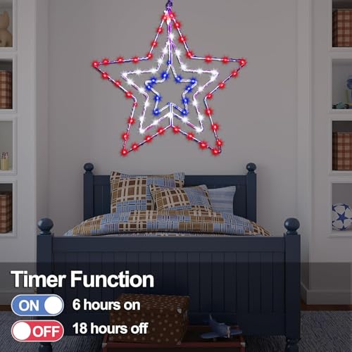 250 Anniversary Patriotic Decorations, Red White and Blue Memorial Day Decor Star Lights, Timer 14.2In Iron Frame 70Led Fairy Star Lights, 8 Mode with Remote Window Wall Silhouette for Home