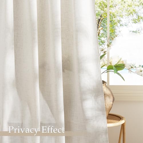 NICETOWN Natural Linen Curtains 96 inch Long 2 Panels Set, Thick Organic Flax Linen Blend Privacy Window Drapes Rod Pocket & Back Tab with Light Filtering for Bedroom/Living Room, W55 x L96