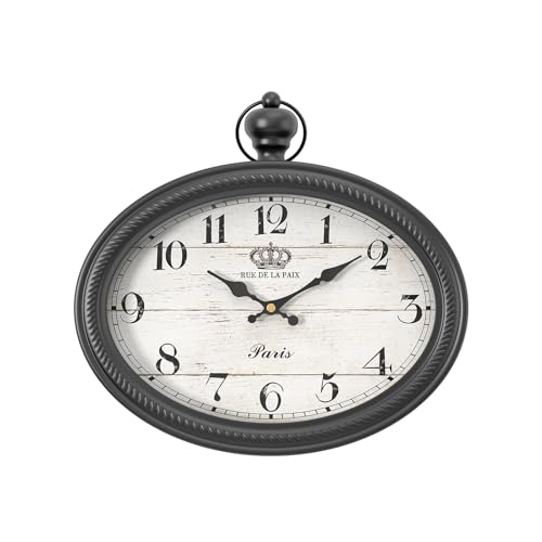 Retro Oval Wall Clock. Black Vintage Antique Style. Battery Operated Decor Wall Clocks for Farmhouse, Living Room,Kitchen,Bedroom,Bathroom (10.5" H x 11.3" W)