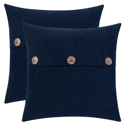 HWY 50 Navy Blue Chenille Throw Pillow Covers 18x18 Inch with Triple Buttons, Soft Farmhouse Accent Decorative Cushion Cases for Couch Sofa Bed Living Room Pack of 2