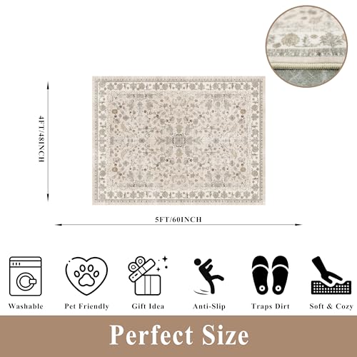 4x5 Washable Kitchen Entryway Rug – Non-Slip Soft Low Pile Indoor Carpet for Bathroom Living Room Bedroom – Boho Floral Small Throw Area Rug (Beige,4x5)