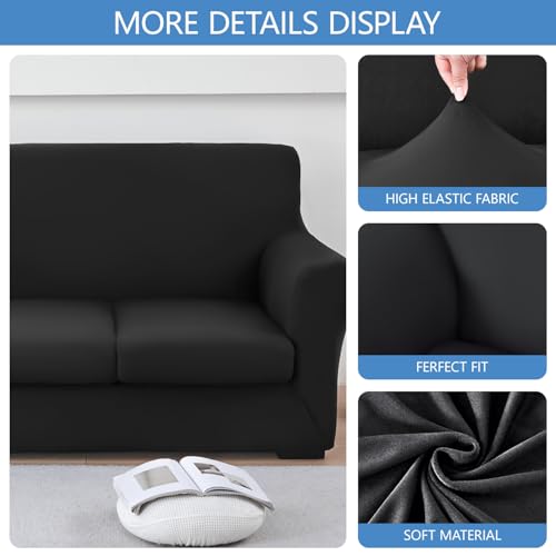 Stretch Sofa Cover Couch Covers, 2-Piece Armchair Cover with Separate Cushion Cover, Washable Soft Spandex Furniture Protector for Living Room(Armchair, Black)