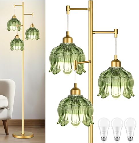 Vintage Floor Lamps for Living Room Bedroom-3 Light Glass Floor Lamp with Three Led Bulb, Modern Mid Century Standing Lamp Brass Tall Lamp Gold Tree Floor Lamp for Bedroom Corner
