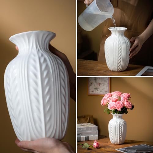 Lvases 10in Wheat Textured White Ceramic Flowers Vase Modern Home Decor | Unique Large Flower Vase, Rustic Decor for Living Room, Entryway Shelf Centerpiece & Office Floral Display ( Matte White )