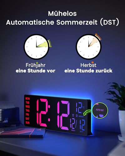 EASYERA 16.5" Large Digital Wall Clock with BT Sync, RGB Lights with 11 Scenes Mode Remote Control, Dual Alarms with Big LED Display, Auto DST, Temperature for Classroom Gaming